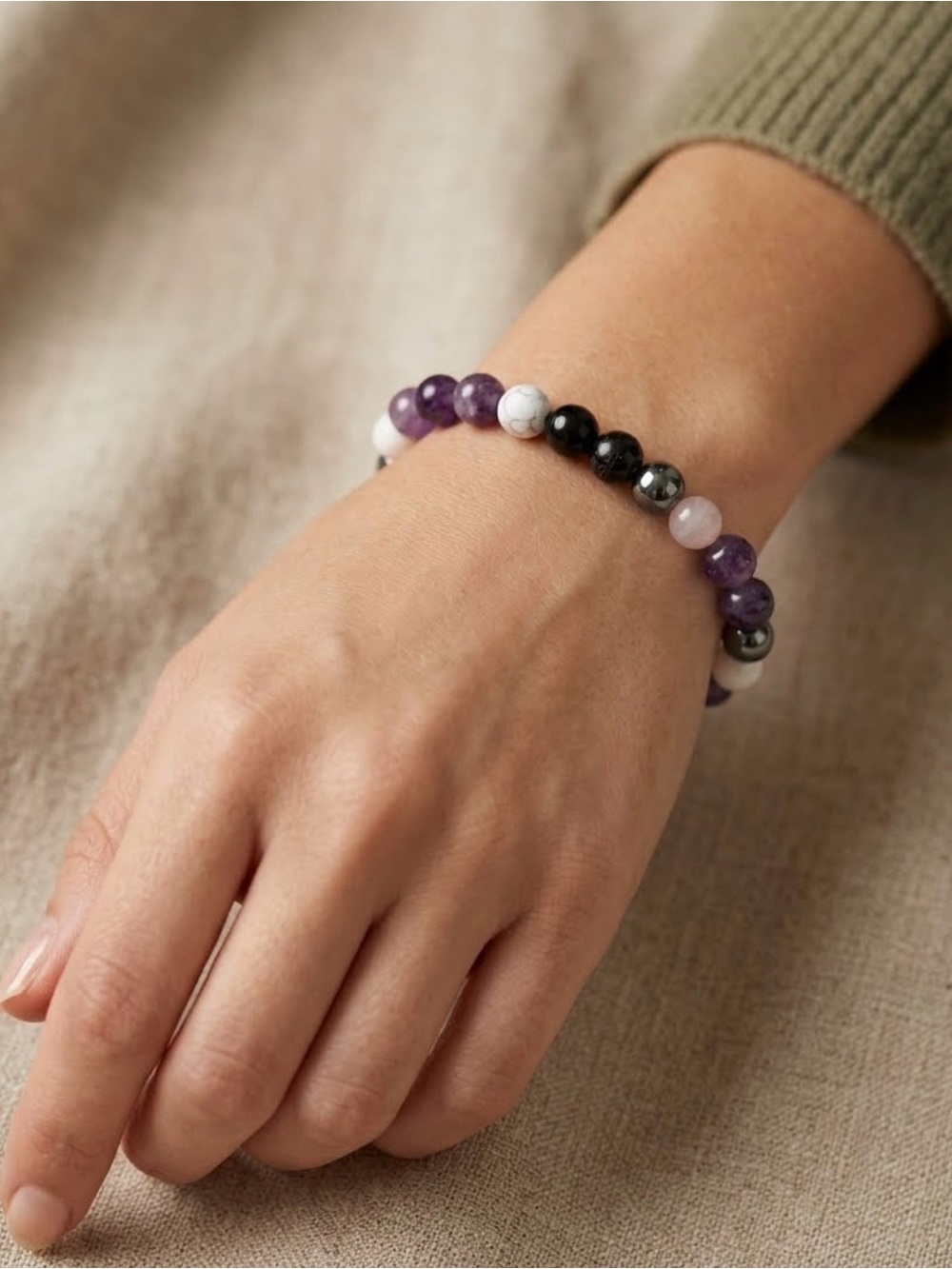 Amethyst Howlite Hematite Beaded Stretch Bracelet Boho Crystal Purple